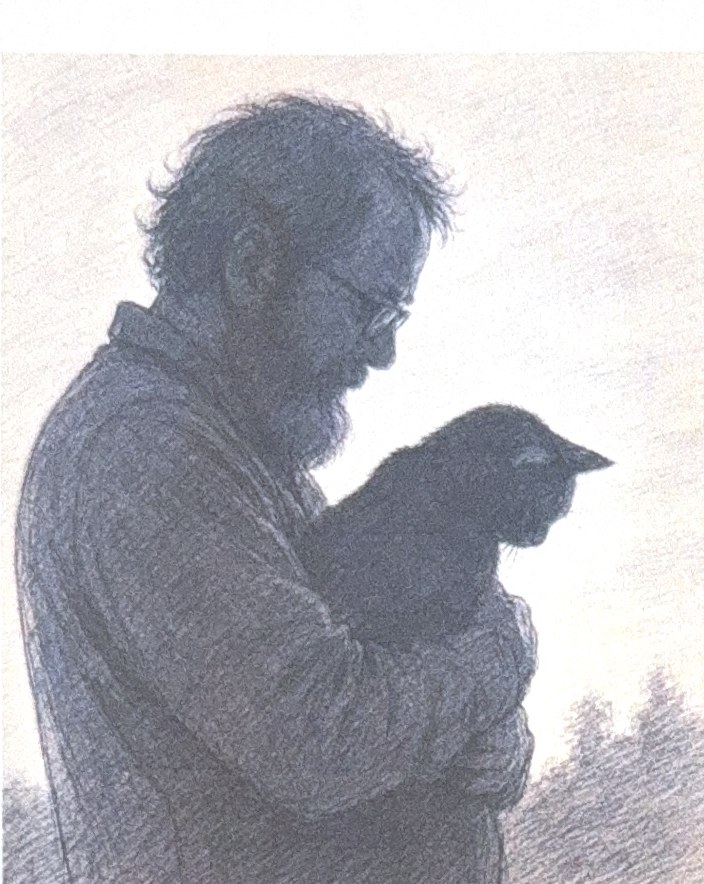 The founder of Strategic Gato, holding a small black cat at dusk.